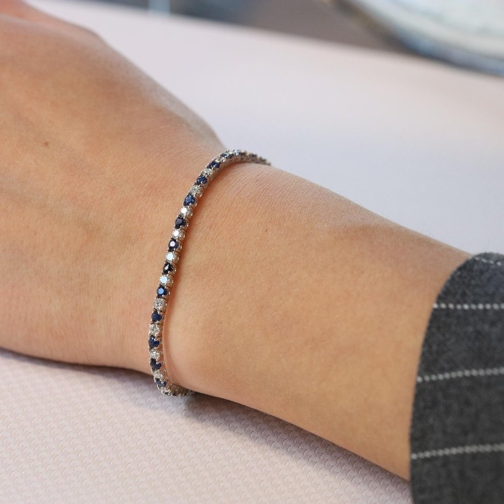 Genuine Blue Sapphire And Diamond Tennis Bracelet 14K White Gold 3.40cttw